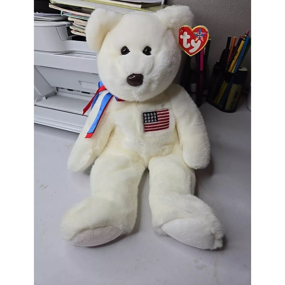 Ty Beanie Buddies LIBEARTY White Plush Buddy Teddy Bear USA Flag Ribbons 2000